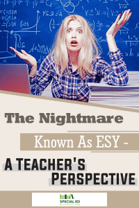 Teacher is frustrated sitting at her desk in the classroom sharing ESY from a teacher's perspective.
