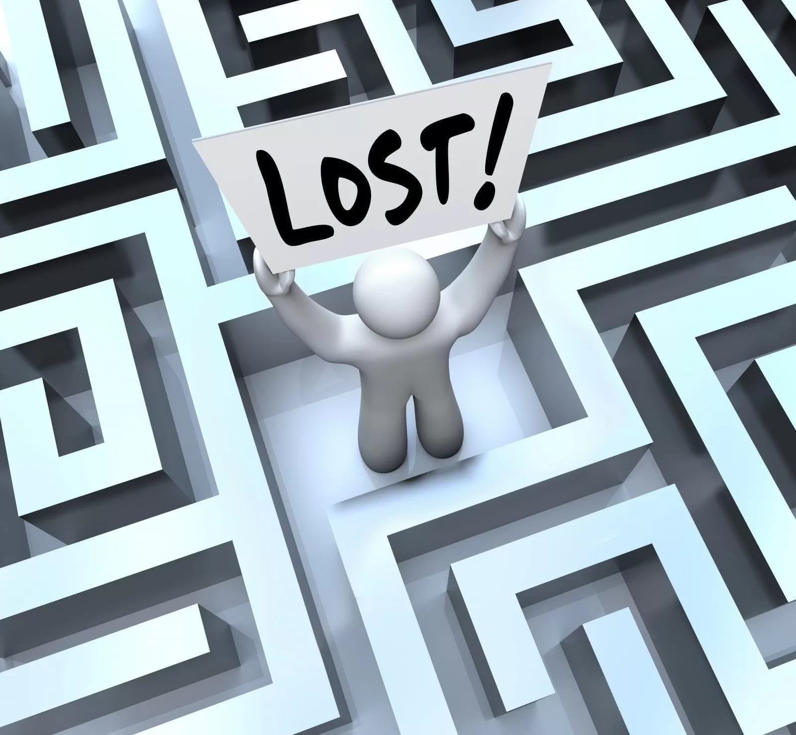 Figure with Lost Sign in the middle of a maze