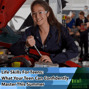 A female teen learning how to do maintenance on a car- one of the essential life skills for teens.