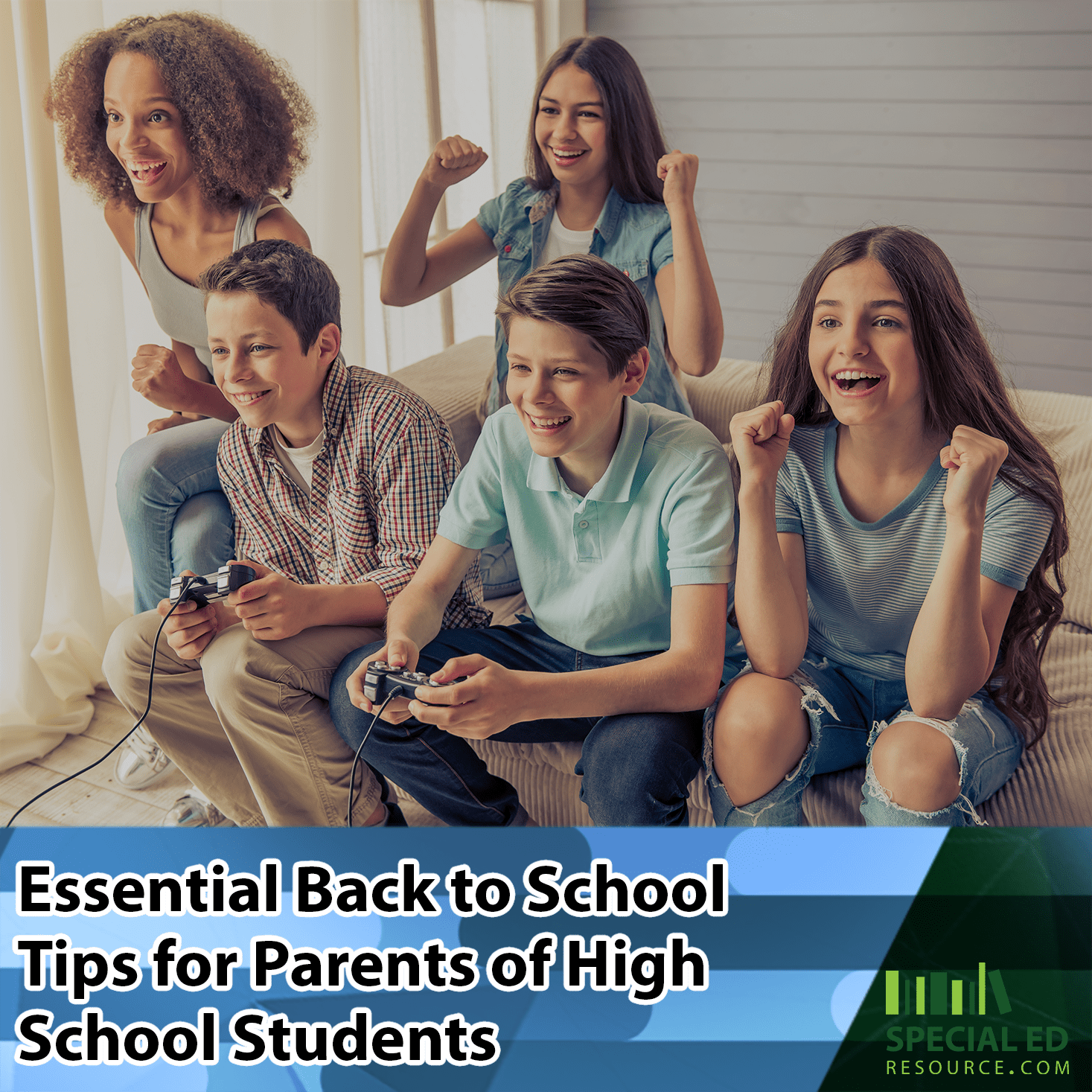Group of teens playing a video game together, which is an example of one of the 5 Back to School Tips for Parents of High School Students.