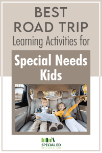 A boy and girl are having fun with their road trip activities sitting in the backseat on their family vacation this summer.