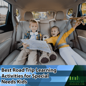 Siblings are having fun with their road trip activities sitting in the backseat on their family vacation this summer.