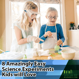 Two young girls having fun doing science experiments in the kitchen at home with text overlay 8 Amazingly Easy Science Experiments Kids Will Love