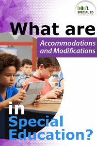 Children doing schoolwork at their desks in a classroom with text overlay What are Accommodations and Modifications in Special Education.