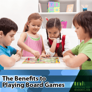 Children sitting around a table playing a board game with text overlay The Benefits to Playing Board Games