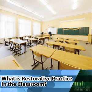 Empty public school classroom with text overlay What is restorative practice in the classroom