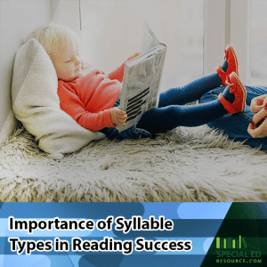 Little girl laying in bed reading a book with text overlay Importance of Syllable Types in Reading Success