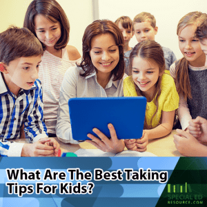 Students surrounding teacher with an Ipad in a classroom with text overlay What are the Best Test Taking Tips for Kids