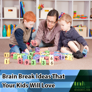 Mom with her two boys on the floor playing with blocks with text overlay Brain Break Ideas that Your Kid Will Love