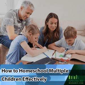 Parents with their kids sitting down with schoolwork with text overlay How to Homeschool Multiple Children Effectively