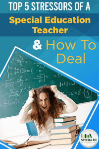 Teacher sitting at her desk full of work pulling her hair in overwhelm with text overlay Top 5 Stressors of a Special Education Teacher & How to Deal