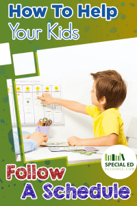 Boy looking at his schedule on a calendar with his mom at a table with text overlay How to Help Your Kids Follow a Schedule