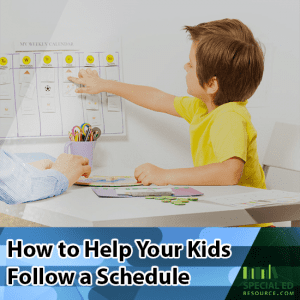 Boy looking at his schedule on a calendar with his mom at a table with text overlay How to Help Your Kids Follow a Schedule