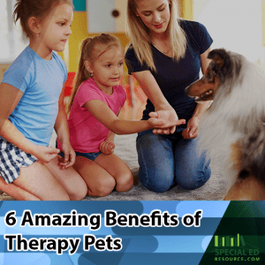 Teacher and 2 students interacting with a service dog at school with text overlay 6 Amazing Benefits of Therapy Pets