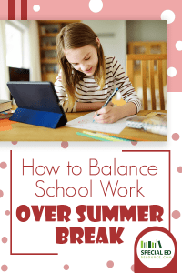 A girl doing schoolwork at home at a desk with an ipad and pencil and paper with text overlay How to Balance School Work Over Summer Break