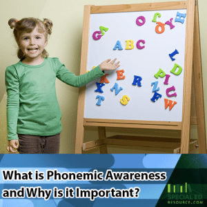 Little girl standing in front of a magnet board with alphabet letters with text overlay What is Phonemic Awareness and Why is it Important?