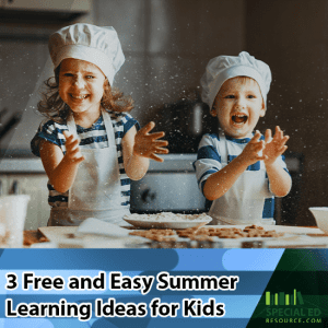 Boy and girl with chef hats having fun while helping cook in their kitchen just one of the 3 Free and Easy Summer Learning Ideas for Kids
