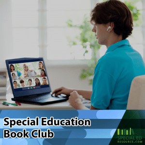 High School student participating in a special education book club session on a laptop at home.