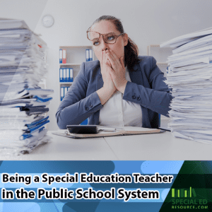 A special education teacher sitting at her desk with the piles of IEPs and student's paperwork surrounding her with overwhelm.
