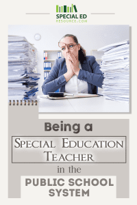 A special education teacher sitting at her desk with the piles of IEPs and student's paperwork surrounding her with overwhelm.