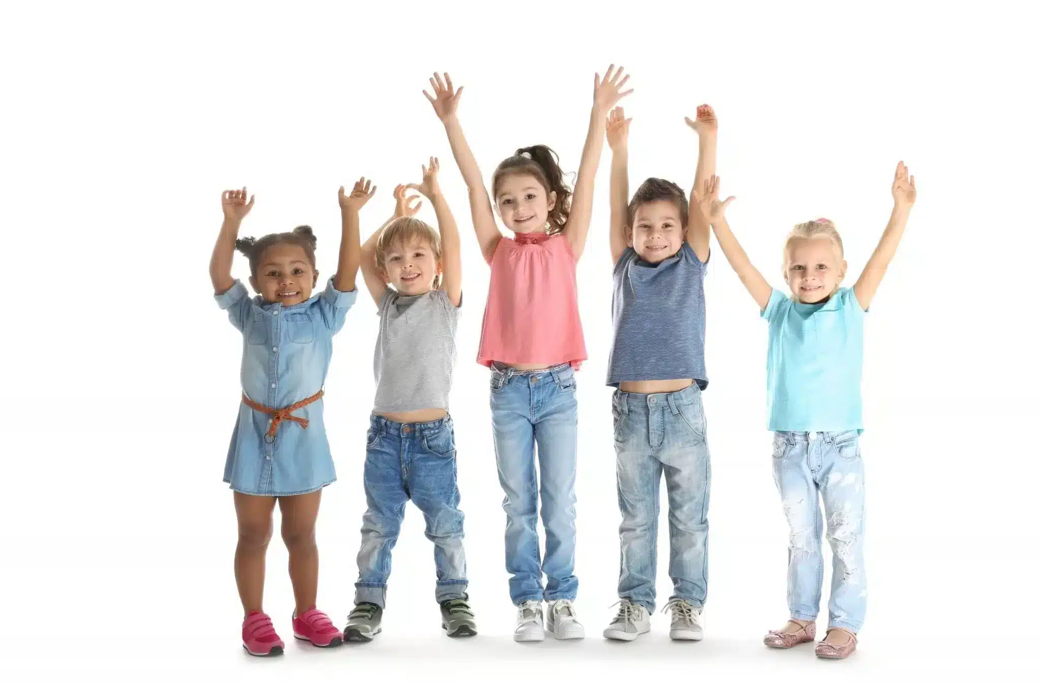 Happy 5 kids raising their hands happily