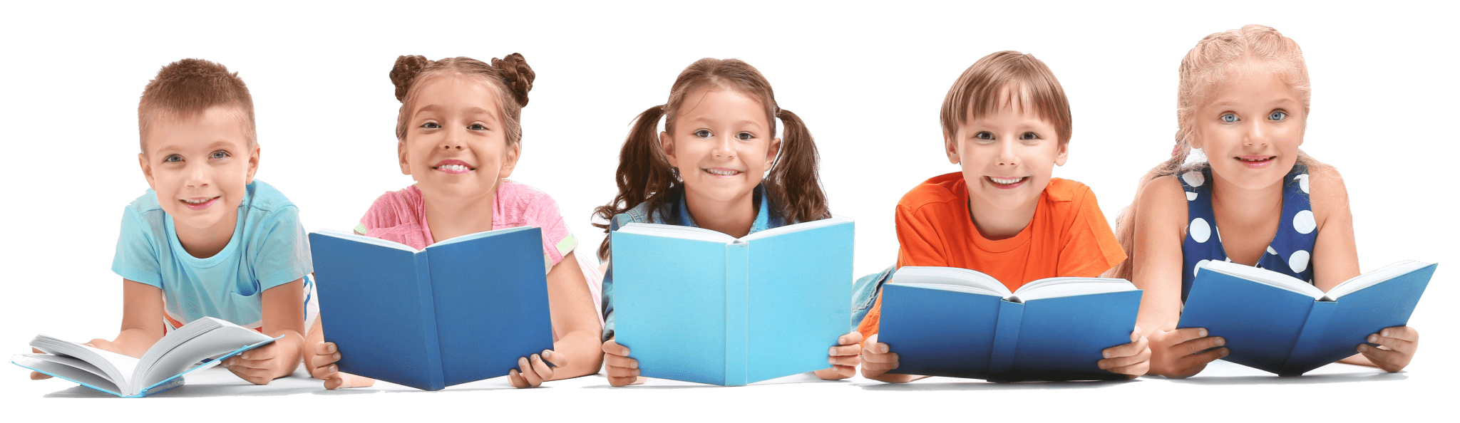 Happy 5 children reading a book