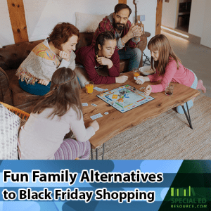 Family playing a board game together as a family alternative to black Friday shopping.