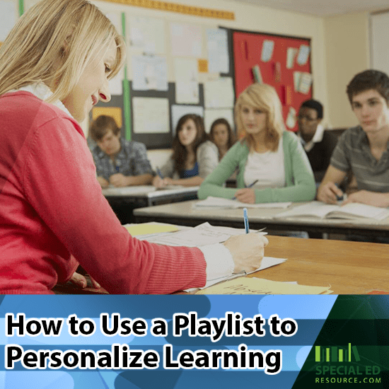 Teacher sitting at her desk in front of her classroom full of students going over how to use a playlist to personalize learning.