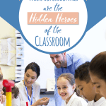 Students sitting at a table getting support from their paraprofessionals in their classroom at school.