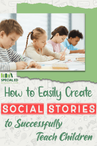 Children sitting at their desks in a classroom at school while their teacher is checking their understanding of the social story by going around to each student. 