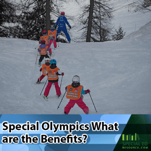 Children participating in a Special Olympics skiing event.