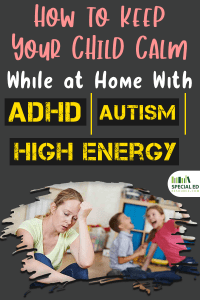 Mom sitting with head slumped down thinking about how to keep your child calm while at home with ADHD Autism High Energy because her son and daughter are driving her crazy.