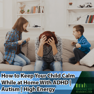 Mom sitting on the couch head slumped down in hands thinking about how to keep your child calm while at home with ADHD Autism High Energy while her son and daughter are on each side of her screaming.