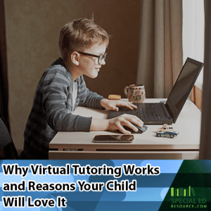 Young boy sitting in front of his computer at home doing virtual tutoring and loving it!