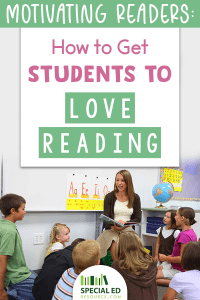 Teacher motivating readers in the front of her classroom sitting in a chair surrounded by her students on the carpet. 