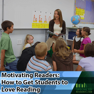 Teacher motivating readers in the front of her classroom sitting in a chair surrounded by her students on the carpet.