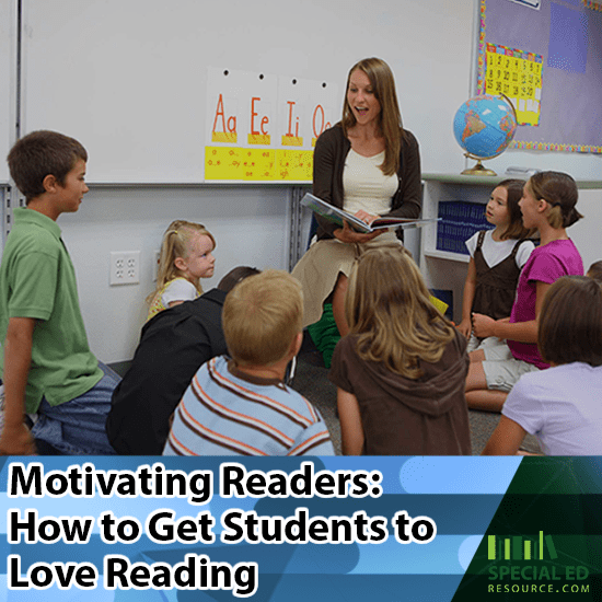 Teacher motivating readers in the front of her classroom sitting in a chair surrounded by her students on the carpet.