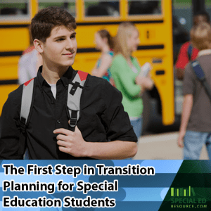 Young man with backpack standing in front of other high school students getting off a school bus from taking the first step in transition planning for special education students.