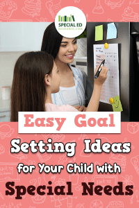 Mom and daughter looking at a goal checklist on the fridge they created from one of these Easy Goal Setting Ideas.