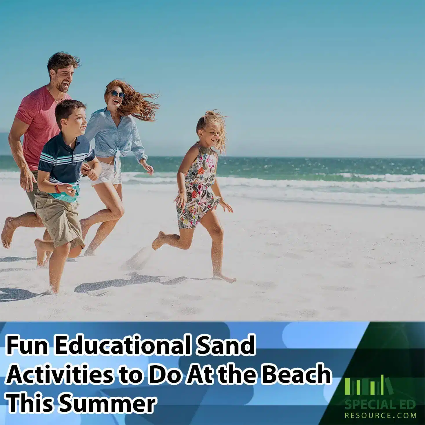 Family running on the beach looking for fun educational sand activities to do at the beach this summer.