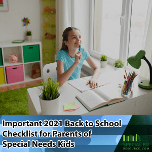 Young girl sitting at a desk at home thinking about the new school year here's a 2021 back to school checklist for parents of special needs kids.