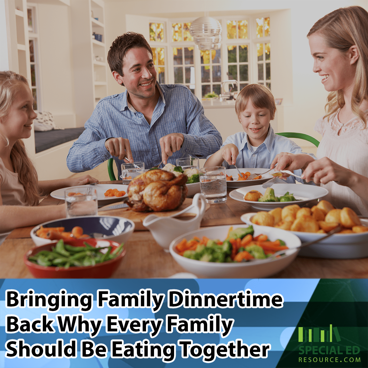 Family dinnertime with the whole family eating together and enjoying it!