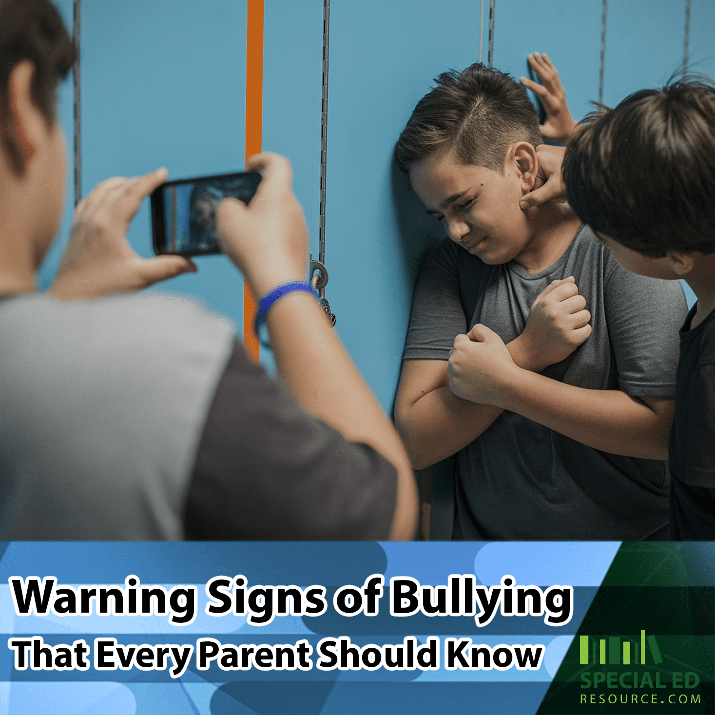Group of boys bullying one boy at school. Read the warning signs of bullying that every parent should know.