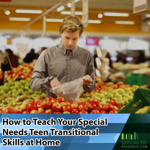 A special needs teenage boy picking out produce at the grocery store; one of a few transitional skills his parents are teaching him at home.