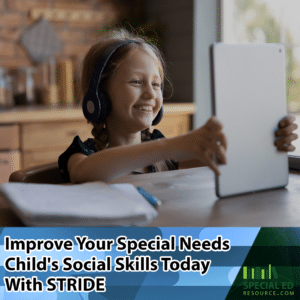 Young girl on a tablet learning social skills during a STRIDE (Socializing and Taking Responsibility In Developing Excellence) session.