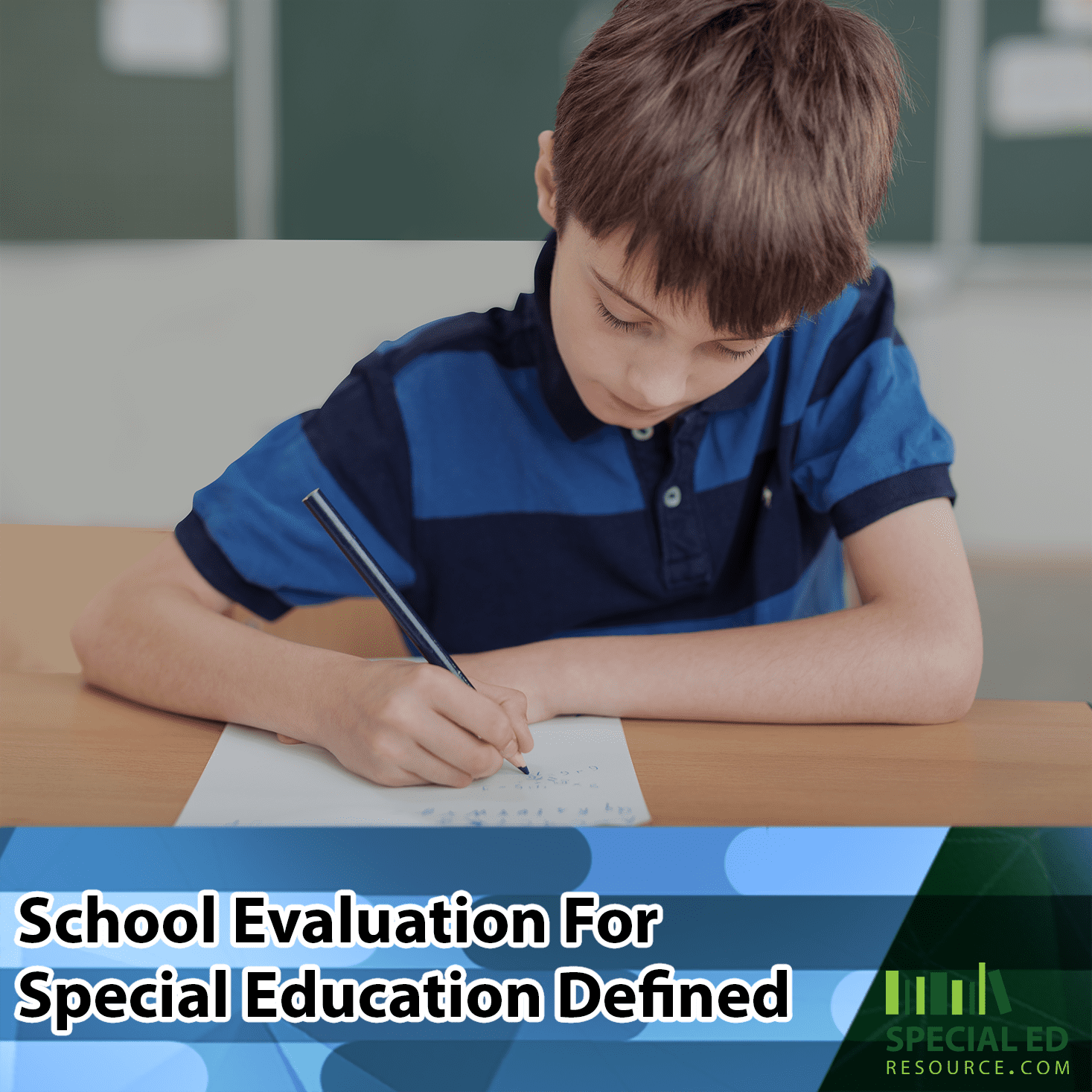 Boy having a school evaluation for special education on a desk in the classroom at a public school.