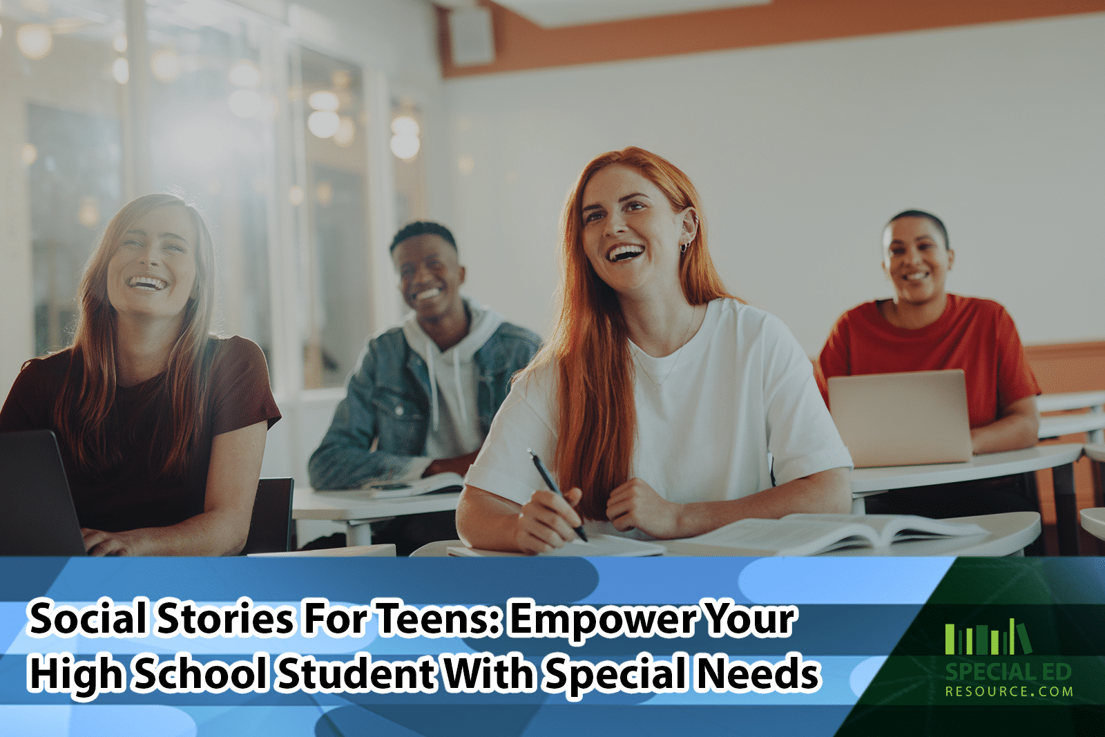 A high school classroom where the teacher is using social stories for teens to help students with social skills and communication.