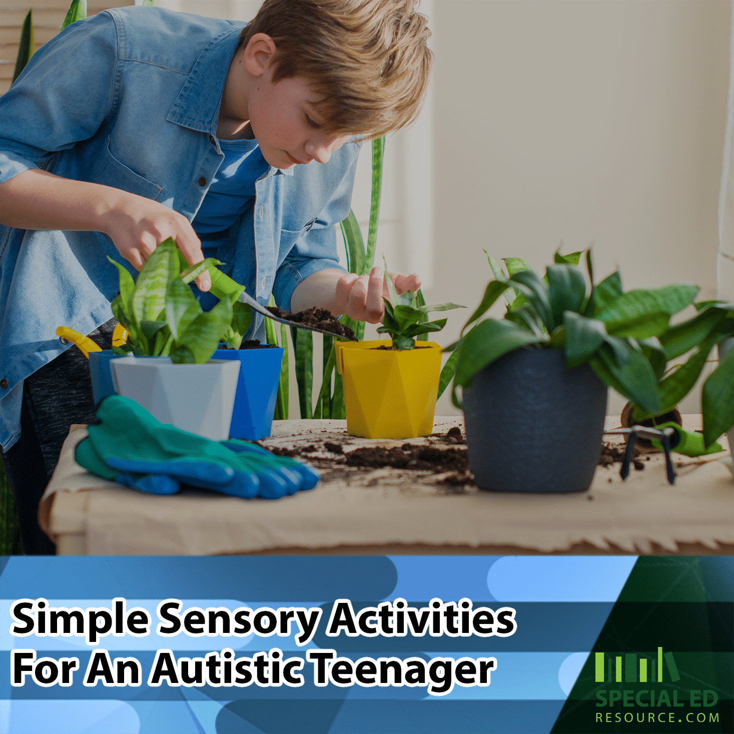Teen boy with autism taking care of potted plants one of the many simple sensory activities for an autistic teenager.