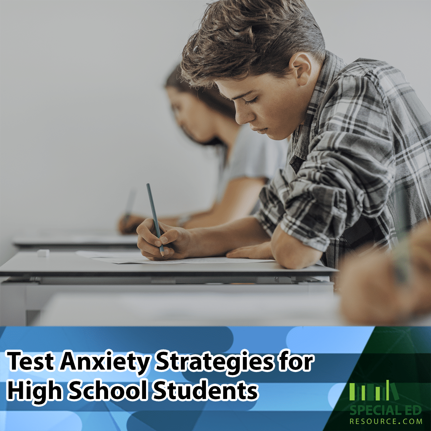 A male and female teen in a classroom confidently taking a test because they applied these proven test anxiety strategies for high school students.