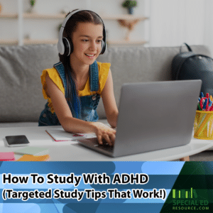 Girl with headphones on a laptop using ADHD study techniques that work.